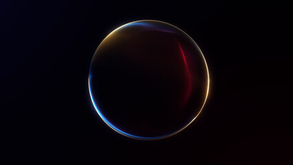 Gradient golden liquid energy sphere with blue red particle waveforms. Magic shiny neon orb for business presentation. Minimalistic sci fi futuristic trendy abstract background.