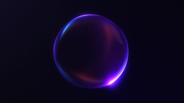 Shiny energy plasma particles orb on dark minimalitic business background. Gradient neon flowing magic sphere with purple and blue shiny waveforms. 4k 60fps looped graphic.