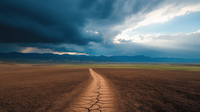 cracked path winds through vast desert landscape under dramatic sky filled with dark clouds and rays of sunlight breaking through. scene evokes sense of solitude and beauty of nature contrasts