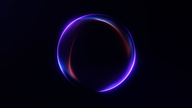Shiny energy plasma particles orb on dark minimalitic business background. Gradient neon flowing magic sphere with purple and blue shiny waveforms.