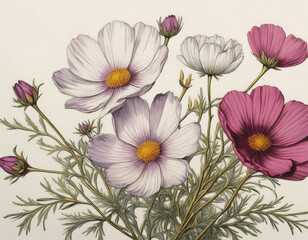 cosmos branch illustration botanical drawing