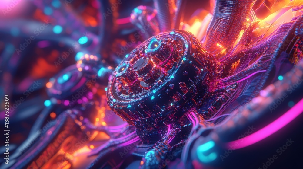 Poster a high-tech neural network concept with deep-learning structures and vibrant energy nodes.