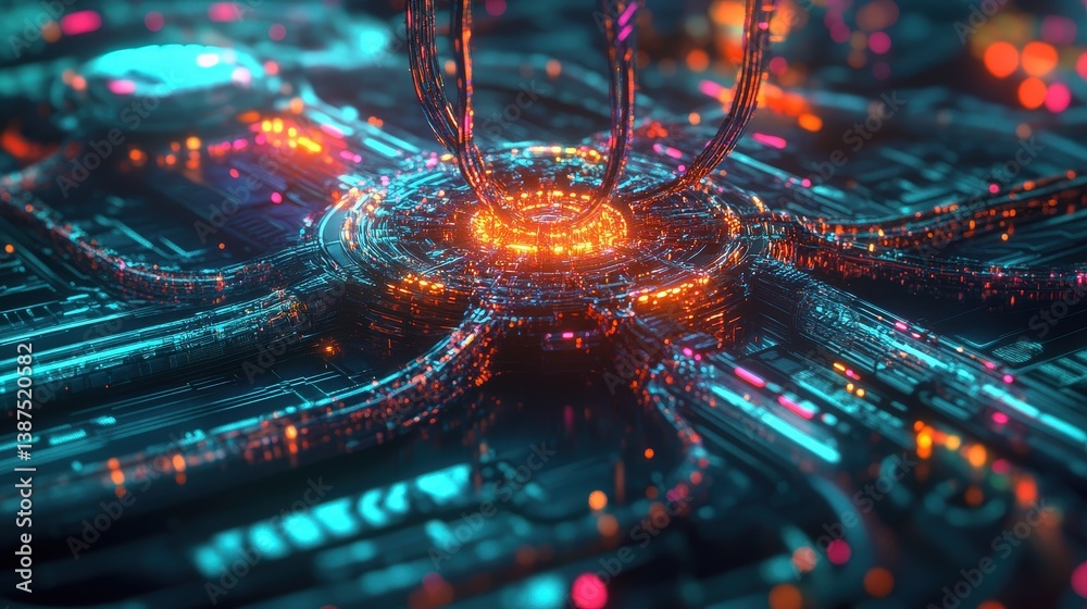 Poster a high-tech neural network concept with deep-learning structures and vibrant energy nodes.