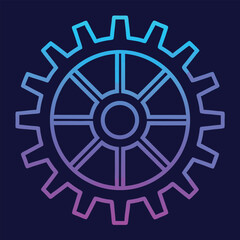 Neon gear icon, cyberpunk aesthetic, glowing blue and purple gradient, dark background, minimalist design, futuristic emblem, technological symbol, cog wheel, industrial logo, digital art, vector grap