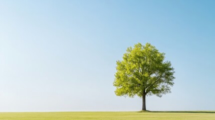Obraz premium A single tree stands in a vast, grassy field under a clear blue sky. The tree is full, with vibrant green leaves. The image is high-resolution and features natural lighting, creating a calm mood. I