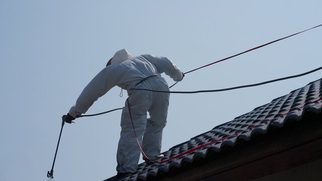 Two men painting a roof of a house .