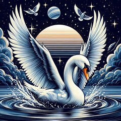 A digital drawing of a majestic swan with expansive white wings flying over rippling water, under a night sky with a full moon, stars, and distant birds, in a detailed and stylized art style