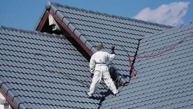 Professional painter on roof   Working at heights is dangerous.