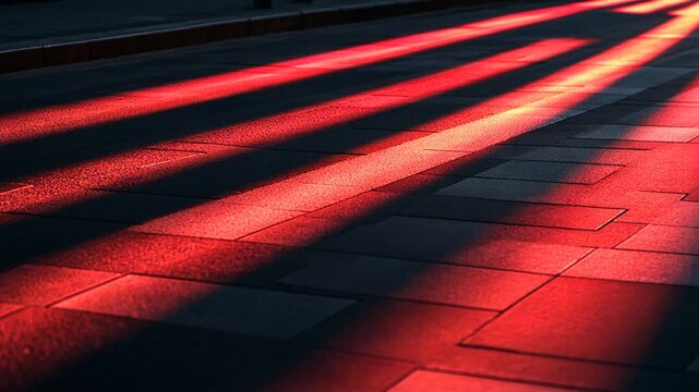Abstract composition with red sunlight streaks on pavement, creating a striking visual contrast