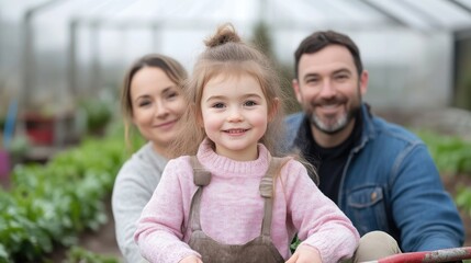 Fototapeta premium A happy family, a young girl with parents, smiles at the camera in a greenhouse setting. The girl is center, wearing pink. Her parents flank her, blurred slightly. The image is high-quality with natu