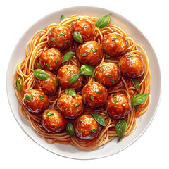 Fluffy 3D Cartoon Plate of Spaghetti and Meatballs Isolated on Transparent Background