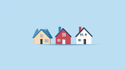 Simple houses in a row on a light blue background, for real estate or design purposes