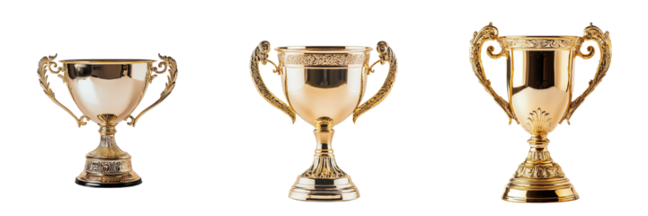 A set of shining traditional gold trophies with handles – A collection of classic award cups. Isolated on transparent Background