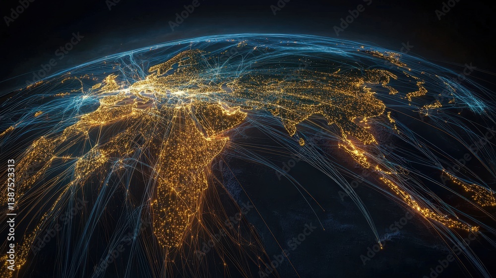 Poster a hyper-connected world concept featuring a globe wrapped in glowing data lines and global network n