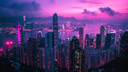 Naklejka premium Hong Kong Cityscape at Twilight: A Breathtaking Panoramic View