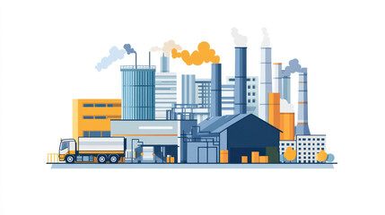 Industrial complex, factory buildings, trucks, background smoke, possible use for industrial stock photography