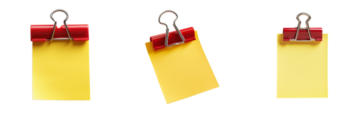 A set of office note elements, a collection of yellow sticky notes with red binder clips. Isolated on transparent Background