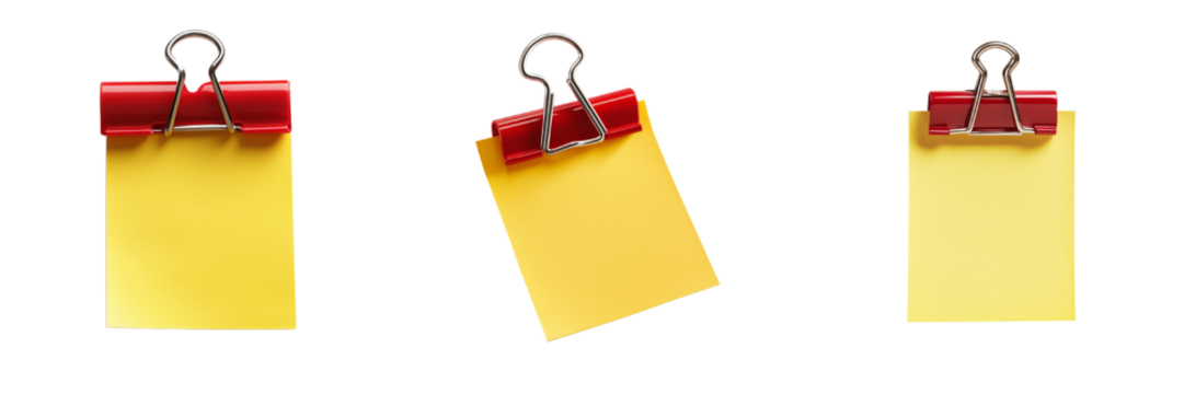 A set of office note elements, a collection of yellow sticky notes with red binder clips. Isolated on transparent Background - Powered by Adobe