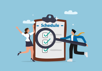 Detailed business professionals analyzing project schedules and task checklists with magnifying glasses for effective time and team management.