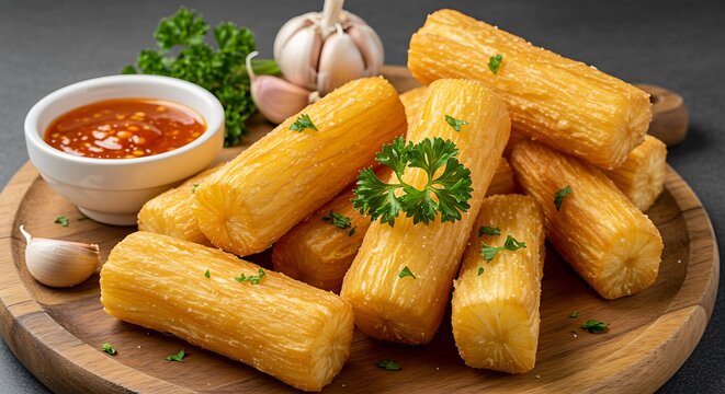 Fried Cassava Yuca Fries with Dipping Sauce and Garlic on Wooden Plate
