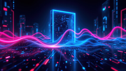 Obraz premium A futuristic digital interface with a door at its center, symbolizing secure access to networks or systems within the cyber realm.