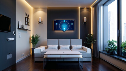 Modern Living Room Interior With Smart Home Technology And City View