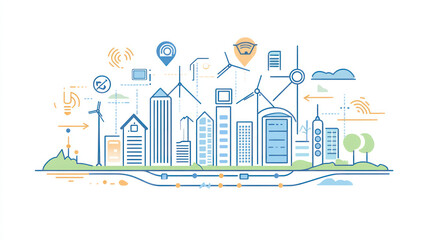 Smart city illustration, technology integration, futuristic cityscape background. Possible use for presentation