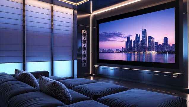 Modern Home Theater Featuring A Large Screen And Cityscape At Night