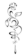 decorative element with one stylized flower bud on a curved stem, leaves and decorative ornament