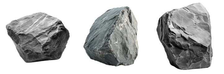 A set of weathered stone chunks with rough gray surfaces, a collection of sharp-edged rocks. Isolated on transparent Background