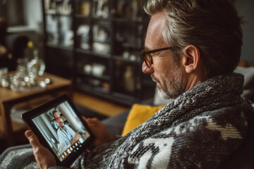 A middle aged man having a virtual consultation with a medical doctor from home with a tablet computer