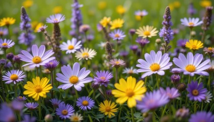 Fototapeta premium Vibrant Wildflower Meadow A Stunning Display of Purple, Yellow, and White Blossoms