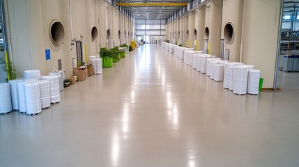 Empty industrial hallway with storage
