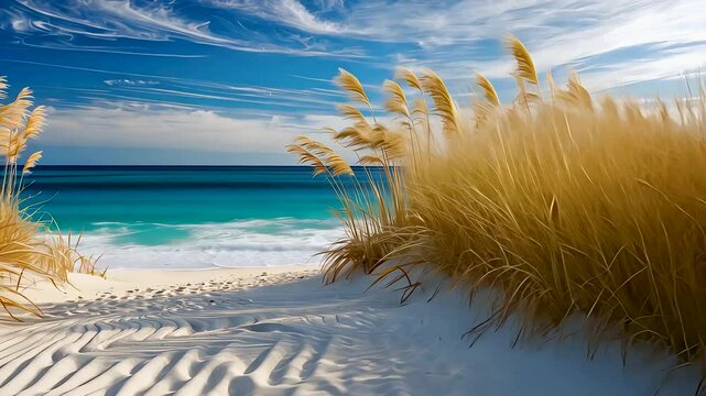 White sand beach with tall sea oats swaying in coastal breeze under blue sky