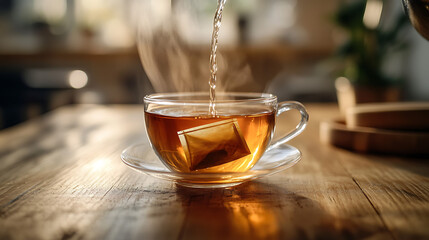 Photo of hot water pouring into a transparent cup with tea bag inside on wood table in Morning. ai generated