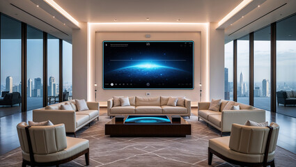 Luxurious Apartment Interior With Panoramic City Views And Advanced Entertainment System