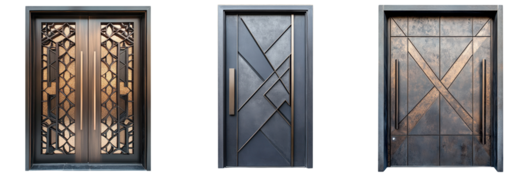 A set of designer steel doors with minimal patterns, a collection of sleek metallic entrances. Isolated on transparent Background - Powered by Adobe