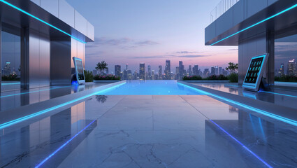 Modern Rooftop Pool With Cityscape View At Sunset Featuring Futuristic Design