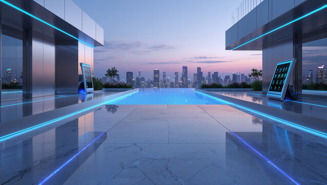 Modern Rooftop Pool With Cityscape View At Sunset Featuring Futuristic Design