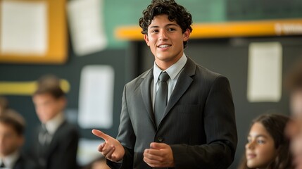 A young, confident businessman delivers a presentation to a small ence in a classroom setting.