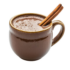 Hot chocolate mug with cinnamon stick, isolated on white background