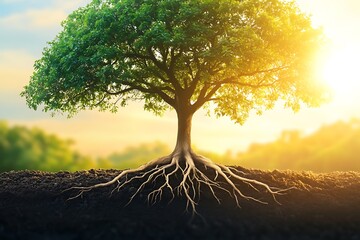 Solid oak tree with deep roots spreading. Integrity deep foundation. Strength, ethics, sturdy support. Green leaves in golden sunlight, tree trunk rooted in soil. Growth, development metaphor for