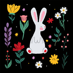 easter card with bunny and flowers