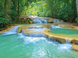 Cascading Waterfall Through Lush Green Forest with Tranquil Turquoise Water