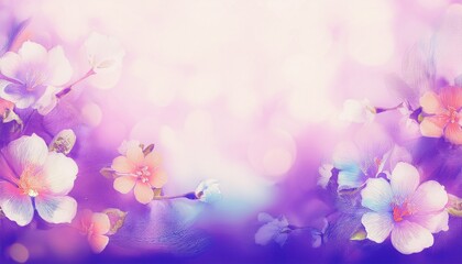 Fototapeta premium Abstract border frame of beautiful spring flowers in the corner of the image with space for text background, blur and fade effect graphic resource