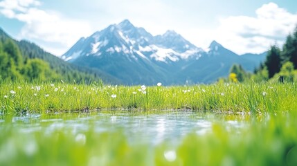 Serene alpine meadow with wildflowers and mountains