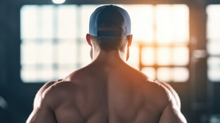 Muscular man with cap stands in gym, showcasing strong back and shoulders. warm light creates motivational atmosphere, inspiring fitness enthusiasts