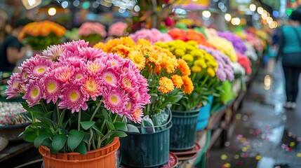 Fototapeta premium A street vendor selling colorful flowers in a bustling market. HD 8K wallpaper Photographic Image 