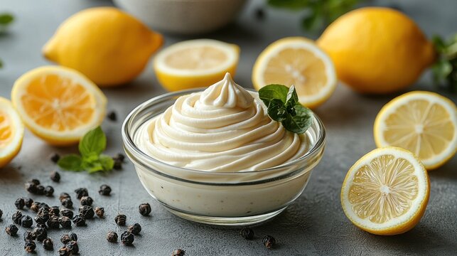 Creamy lemon sauce in a glass bowl, surrounded by fresh lemons and peppercorns