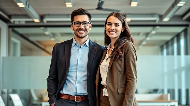 Male and female business couple posing smiling at their business office looking at the camera